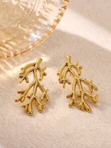 Vintage Stainless Steel Big Coral Earrings,18K Gold Plated Octopus Stud Earrings, Marine Life Jewelry Ocean Beach Daily Wear Vacation Accessory - 1 - View 6