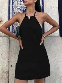 Vestido mini minimalista de mujer de unicolor, con cuello halter, para fiestas y viajes - Negro - Ver 3