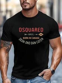 DSQUARED Men's Short Sleeve T-Shirt With Distressed Style, Canadian Letter Pattern, Vintage Texture Elements, Graffiti Effect, Lightweight Luxury Urban Style, Breathable, Sweat-Absorbing, Casual And  Men's Outfit, Short Sleeve Top. - 黑色 - 查看 1