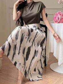 Conjunto de 2 piezas de mujer con top halter de unicolor elegante y falda A-line con bloque de color y estampado floral, para verano - Azul - Ver 8