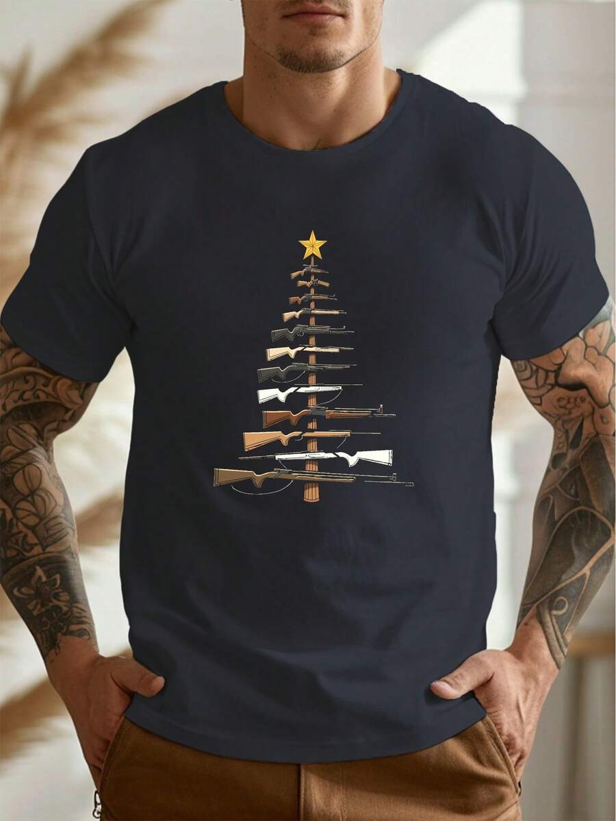 Men's Casual Short Sleeve T-Shirt (Large Size) – Graphic Print Of A Christmas Tree Made With Firearms – Eye-Catching And Unique Design – Perfect For Summer Wear – Crew Neck, Comfortable And Breathable – Machine Washable - 黑色 - 查看 1