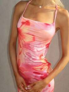 Sydney Algeri Vestido largo de punto con estampado floral, escote profundo y espalda descubierta para vacaciones - Blanco - Ver 4