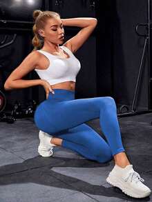 SUN Women's Seamless Sports Leggings, Fitted, For Yoga, Fitness And Outdoor Running - 藍色 - 查看 4