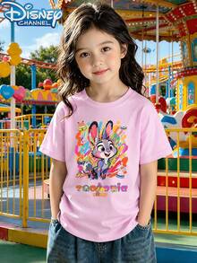 Disney Teen Girls Cute Zootopia Print Short Sleeve T Shirt Summer Casual Baby Tee Teen Girl Clothes Summer Clothes Summer Tops Cute Tops - 粉色 - 查看 2