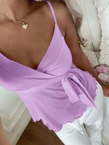Camiseta de tirantes casual y versátil con estampado de lunares y detalle de nudo para mujer - Lila Púrpura - Ver 4