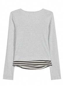 Kaos Lengan Panjang Wanita Model 2-in-1/Dekonstruksi Kasual Kantor dengan Kancing Kontras Bergaris untuk Musim Semi & Gugur - Light Grey - View 7
