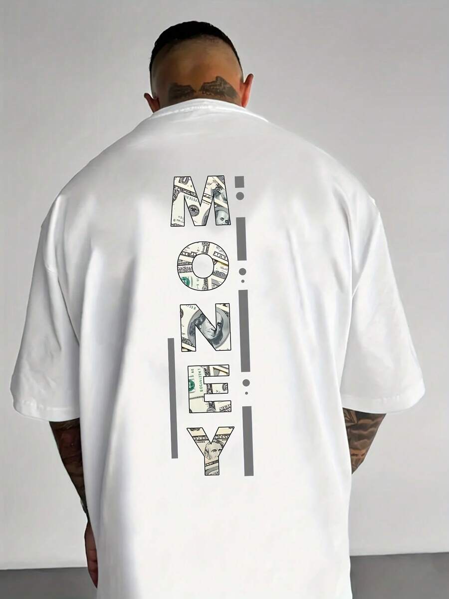 A Men's Crew Neck T-Shirt With The Slogan "MONEY" Printed On It, Made From Breathable Fiber, With A Loose Fit And Slightly Dropped Shoulders. - 白色 - 查看 1
