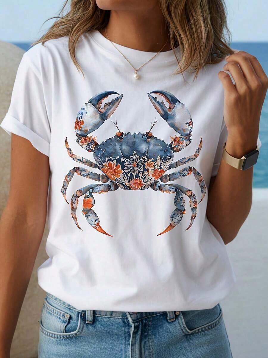 Flower Crab - A Must-Have New Product For Summer - Suitable For Spring And Summer - Comfortable Casual T-Shirt For Women With Round Neck For Spring And Summer - Soft Touch, Ideal Gift For All Occasions - Casual T-Shirts 2026 - White Top - Summer Tops For Women - New Summer Outfits For Women 2026 - Washable T-Shirt For Women - 白色 3 - 查看 1