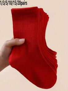 1/3/5/10/15/20 Pairs Women's Solid Red Minimalist Style Comfortable Breathable Mid-Calf Socks - Red - View 1