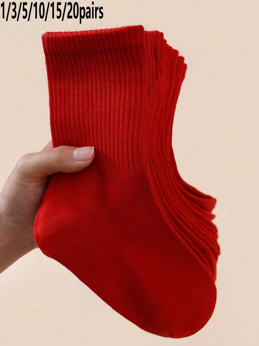 1/3/5/10/15/20 Pairs Women's Solid Red Minimalist Style Comfortable Breathable Mid-Calf Socks - Red - View 1