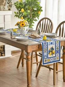1pc, Blue And White Porcelain Lemon Flowers Summer Table Runner, Seasonal Spring Kitchen Dining Table Decoration For Home Party Decor - Blue - View 4