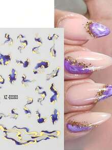 3/4/6Pcs 3D Marble Wave Line Nail Stickers Metallic Stripe Abstract Geometric Nail Art Decals Self Adhesive Slider Gold Foil Multiple Striped Design Nail Decoration Sticker For Women Girls Home & Salon Use - Multicolor - View 6