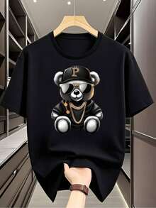 Men's Casual White T-Shirt With Bold Cartoon Bear Pattern | Soft And Breathable, Regular Fit With A Crew Neck, A Casual Summer Essential, Everyday Tee | Fun Printed T-Shirt | Soft Texture Shirt, Plus Size - 黑色 - 查看 1