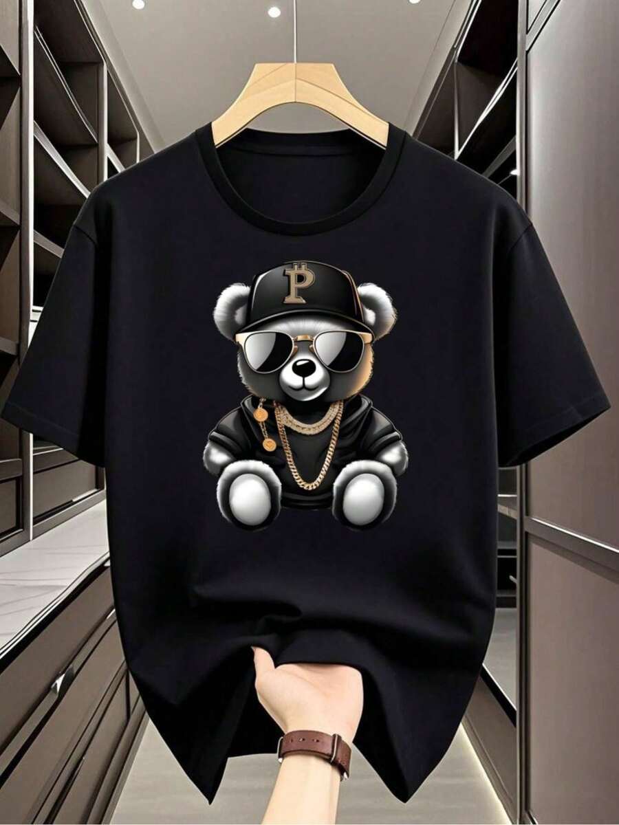 Men's Casual White T-Shirt With Bold Cartoon Bear Pattern | Soft And Breathable, Regular Fit With A Crew Neck, A Casual Summer Essential, Everyday Tee | Fun Printed T-Shirt | Soft Texture Shirt, Plus Size - 黑色 - 查看 1