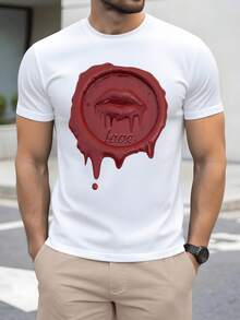 Red Seal Shaped Like Dripping Lips, Evoking Passion, Desire, And Inner Strength, Symbolizing Burning Love And Personal Authenticity With A Modern And Attractive Touch. Comfortable Casual Men's T-Shirt For Everyday Wear, Stylish And Eye-Catching. - 白色 - 查看 8