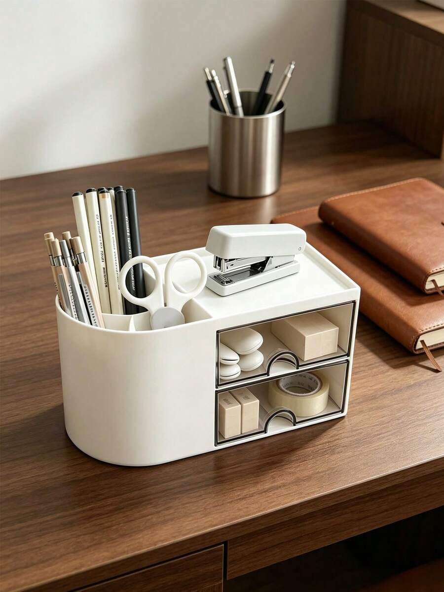 1pc Mini Desktop Storage Box With 2 Drawers, Multifunctional Pen Holder, Minimalist Creative Stationery Organizer Box, Suitable For School, Office, Dorm, Multi-Layer Storage Box, Cosmetic Organizer, Back To School, Holiday Gift, Christmas Present