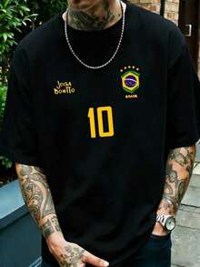 Men's Graphic T-Shirt, Retro Brazil Football Jersey - Legendary Number 10, Casual Football Fan Outfit, Soccer Shirt, 100% Polyester Breathable Knit Fabric, Regular Fit Crew Neck Design - 黑色 - 查看 8