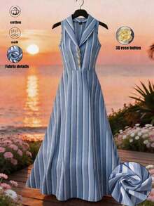 Nuevo vestido maxi de primavera/verano para mujer de "algodón suave con rayas azules rastreables", con un elegante estilo retro francés, cintura ceñida y vuelo, decorado con flores de rosa 3D, vestido camisero floral con botones, vestido largo sin mangas, vestido maxi elegante de verano, vestido de gala con estampado de rayas azules, vestido de fiesta formal - Azul y blanco - Ver 3
