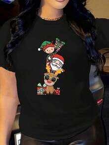 Plus Size Printed - Women's Plus Size Christmas T-Shirt - Festive Design With Santa, Candy Cane, And Gifts - Soft Crew Neck Top - Casual Outfit For Christmas Parties - Non-Irritating Everyday T-Shirt For Women, Christmas T-Shirts, Seasonal Clothing, Fun Design, Skin-Friendly Material, Comfortable Fit, Clothes To Buy For Christmas, Winter Outfit, Geometric Print, Breathable Material, Fashionable For Curvy Figures, Casual Wear - 黑色 - 查看 1