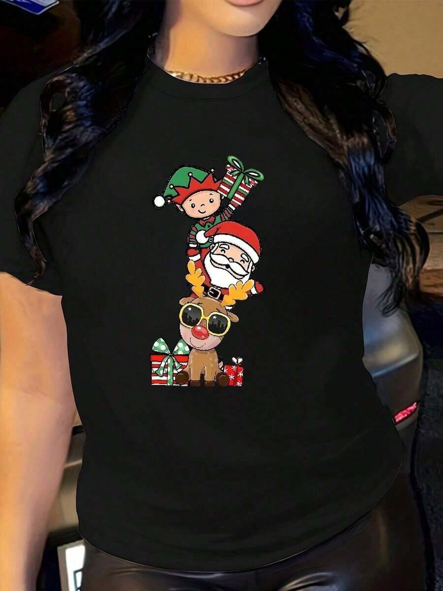 Plus Size Printed - Women's Plus Size Christmas T-Shirt - Festive Design With Santa, Candy Cane, And Gifts - Soft Crew Neck Top - Casual Outfit For Christmas Parties - Non-Irritating Everyday T-Shirt For Women, Christmas T-Shirts, Seasonal Clothing, Fun Design, Skin-Friendly Material, Comfortable Fit, Clothes To Buy For Christmas, Winter Outfit, Geometric Print, Breathable Material, Fashionable For Curvy Figures, Casual Wear - 黑色 - 查看 1