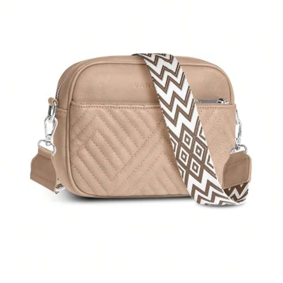 Premium Quilted Crossbody Bags For Women With Anti-Pickpocket Clip, Vegan Leather Handbags, Travel Purses For Women - 單肩包 沙色提花肩帶 - 查看 1