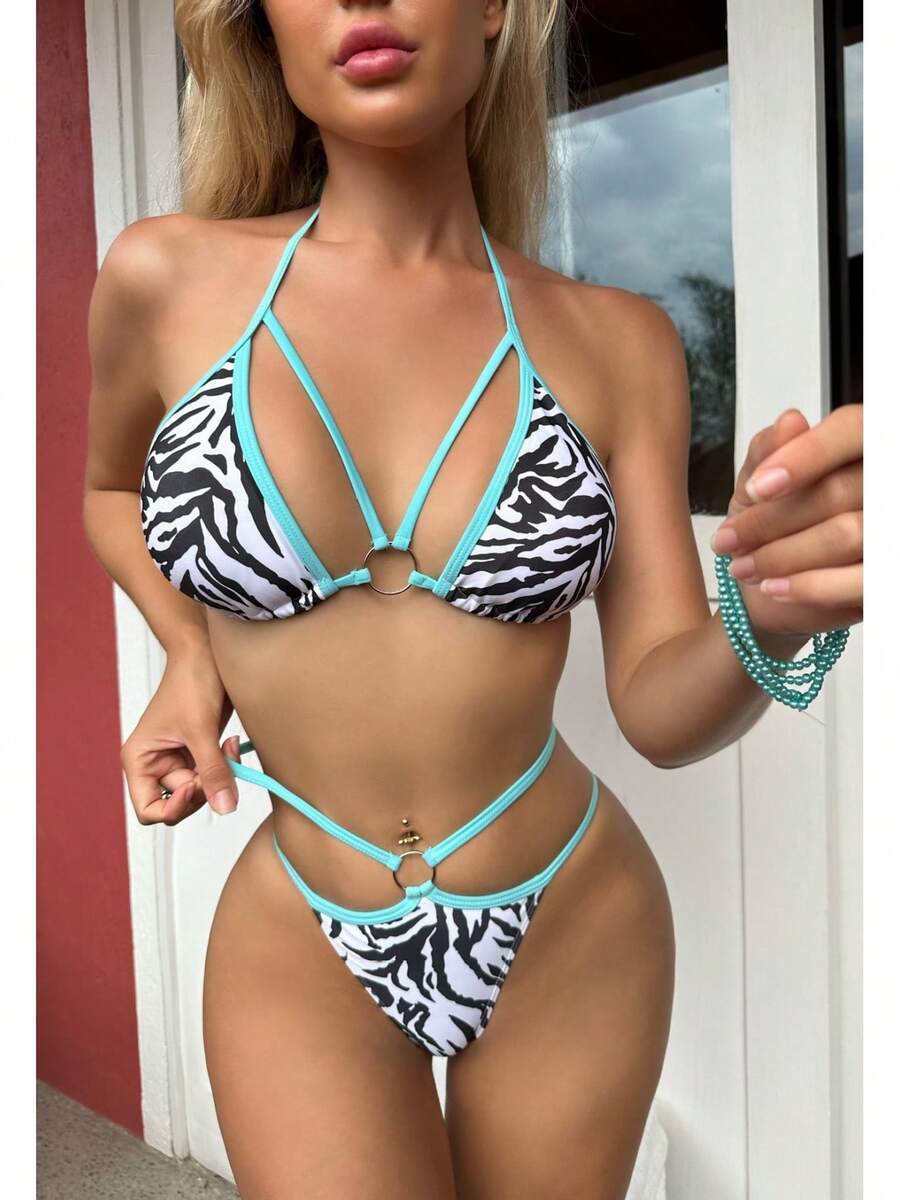 2026 Sexy New Striped Drawstring Strap Two-Piece Bikini - Image Color - View 1