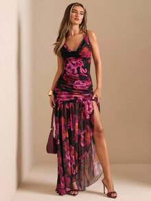 xheSHEIN  Vestido transparente con cuello profundamente drapeado, abertura alta y estampado floral sólido verde y rosa, vestido de playa, vestido sexy y elegante para primavera y veranoxhe - Rosa 2 - Ver 6