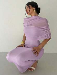 Vestido ajustado con cuello de volantes, cintura plisada y asimétrico, color amarillo sólido elegante y romántico.Atuendo para playa, aeropuerto, vacaciones y maestros. - Lila Púrpura - Ver 6