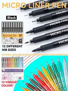 12pcs Multi-Function Black Fine Line Pens (12 Tip Sizes), Ultra-Fine Tips, Suitable For Detailed Drawing, Sketching And Writing - Ideal Gift For Artists, Hobbyists, Students, Back To School And Teacher Rewards - Sets - View 2