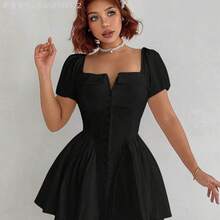 Soqi Women's Clothing Vestido de fiesta mini de línea A con cuello cuadrado y espalda descubierta - Negro - Ver 2