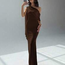 . .  Vestido asimétrico de hombro de unicolor elegante para mujer - Café integral - Ver 6