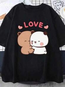 Women's Cute Bear LOVE Design T-Shirt, Bubu Dudu Couple T-Shirts, Short Sleeve Summer T-Shirts, Korean Casual T-Shirts For Women, Men's Sports T-Shirts. - 黑色 - 查看 1
