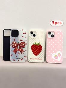 3pcs Cute Cherry Bow Polka Dot Strawberry Heart Print Matte Phone Cases, Including: Black & White Polka Dot Cherry Bow, Milky White Big Strawberry, Pink Polka Dot Strawberry Heart, Coquette Sweet Girl, Korean Ins, Y2K Dopamine, Summer Style, Red Cherry + Brown Bow + White Polka Dot + Strawberry + Heart, Suitable For Young Girls, Mothers Day, Valentines Day, Birthday, Easter, Spring - Multicolor - View 2