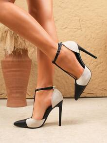 Two Tone Point Toe Stiletto Heeled Suedette Ankle Strap Pumps, Elegant,Stilettos Heels - Multicolor - View 2