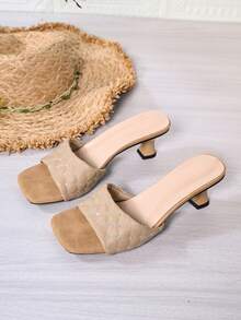 Women's Fashion Quilted Shiny Plaid Sandals - Square Toe With Kitten Heel, Slip-On Summer Sandals - Brown - View 9