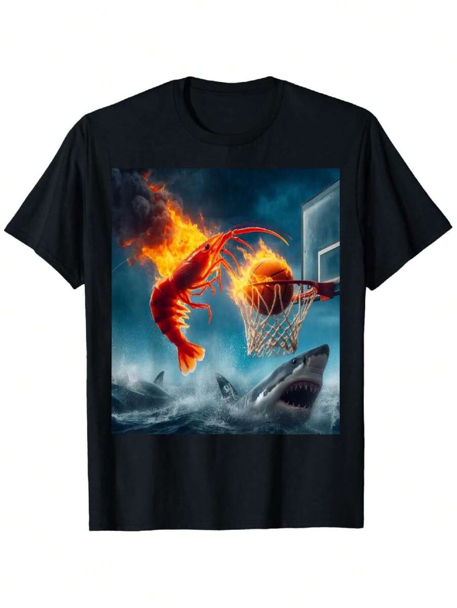 100% Cotton Shrimp Dunking on Shark Funny Fishing Meme T-Shirt - Noir - Voir 1