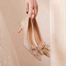 High Heels For Slim, Pointed-Toe Women, Sexy Gold Wedding Shoes, Bridesmaid Shoes, French Girls, Silver Bow Shoes, Women's High Heels - 金色 - 查看 4