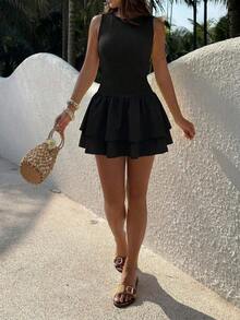 SunnyBelle Vestido mini de mujer con cintura ceñida y corte evasé en color amarillo, estilo académico dulce y lindo, atuendo casual y de moda para vacaciones en la playa y uso diario - Negro - Ver 7