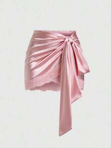 Falda con dobladillo asimétrico y ribete de encaje, estilo Y2K, adecuada para vacaciones y uso diario - Rosa - Ver 1