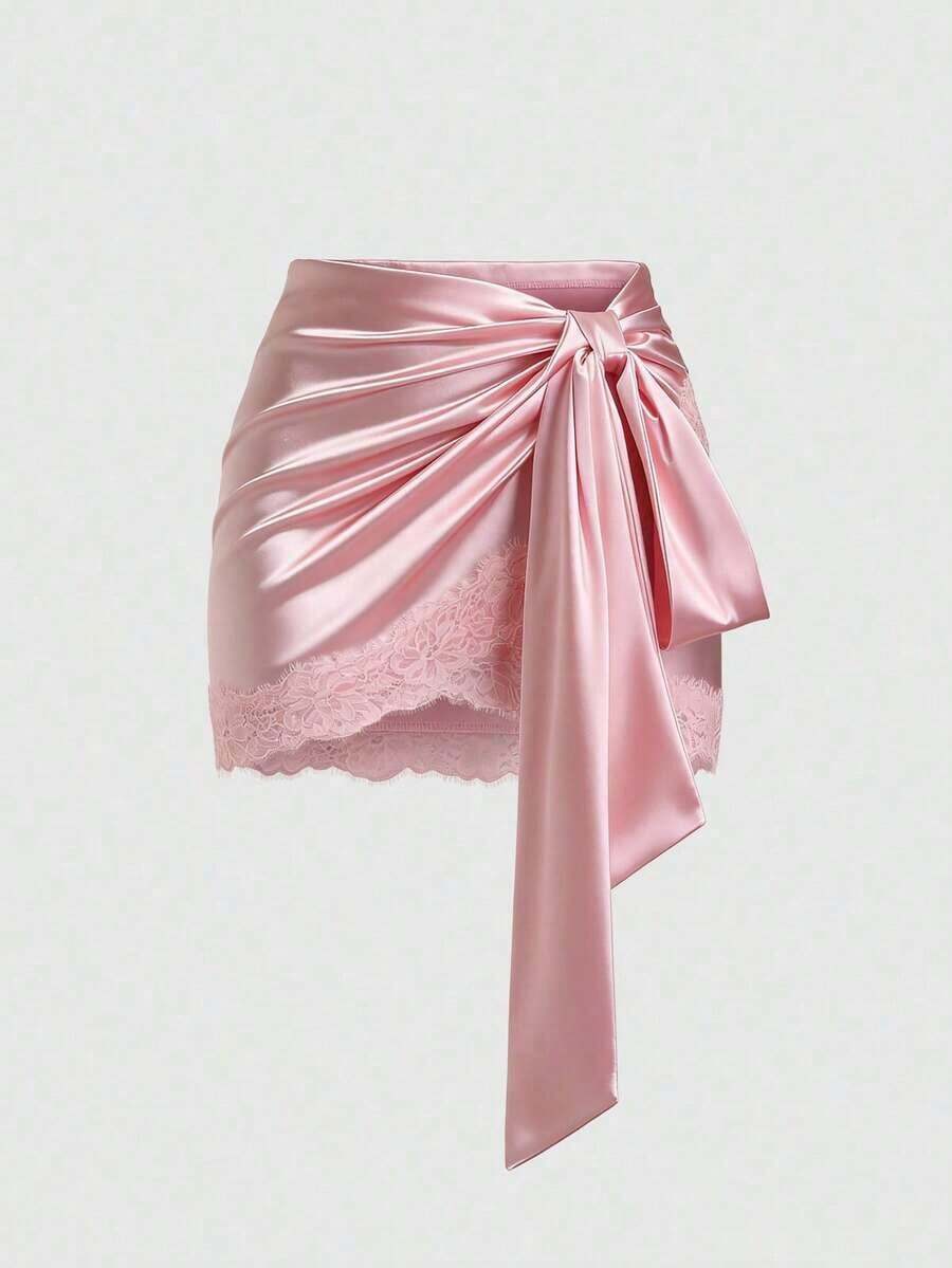 Falda con dobladillo asimétrico y ribete de encaje, estilo Y2K, adecuada para vacaciones y uso diario - Rosa - Ver 1