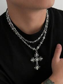 Bộ 2 mặt dây chuyền hình thánh giá phong cách Hip Hop cá nhân hóa, quà tặng trang sức cho gia đình, bạn bè và bạn học. - Màu Bạc Cổ - Xem 3