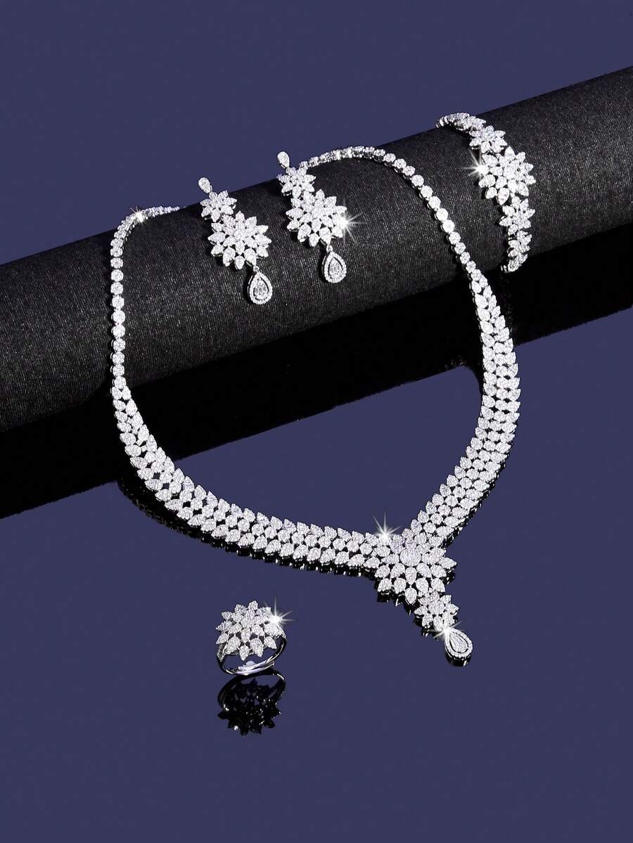 5Pcs/1Set Fantay Sparkling Cubic Zirconia Jewelry Set For Necklace, Drop Earrings, Bracelet & Ring For Weddings & Parties - CY1005 - View 1