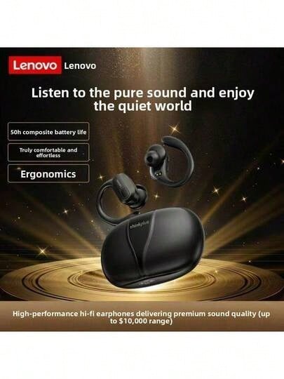 Lenovo 联想 XT80 无线运动耳机,带麦克风,立体声蓝牙 5.3 TWS 耳机,LED 显示屏,降噪功能,耳挂式设计,原装音乐耳机 - 黑色 - 查看 1