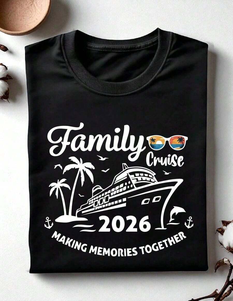 Women's Blouses, Family Cruise Trip T-Shirts 2026, Creating Memories Together, Vacation T-Shirt With Sunglasses, Matching Family Cruise Outfits, Ocean Adventure T-Shirts OC-467eurmuse - 黑色 - 查看 1