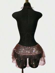 Minifalda sexy para mujer, con incrustaciones de red de pescar y brillantes, adecuada para ocasiones de fiesta - Café integral - Ver 2