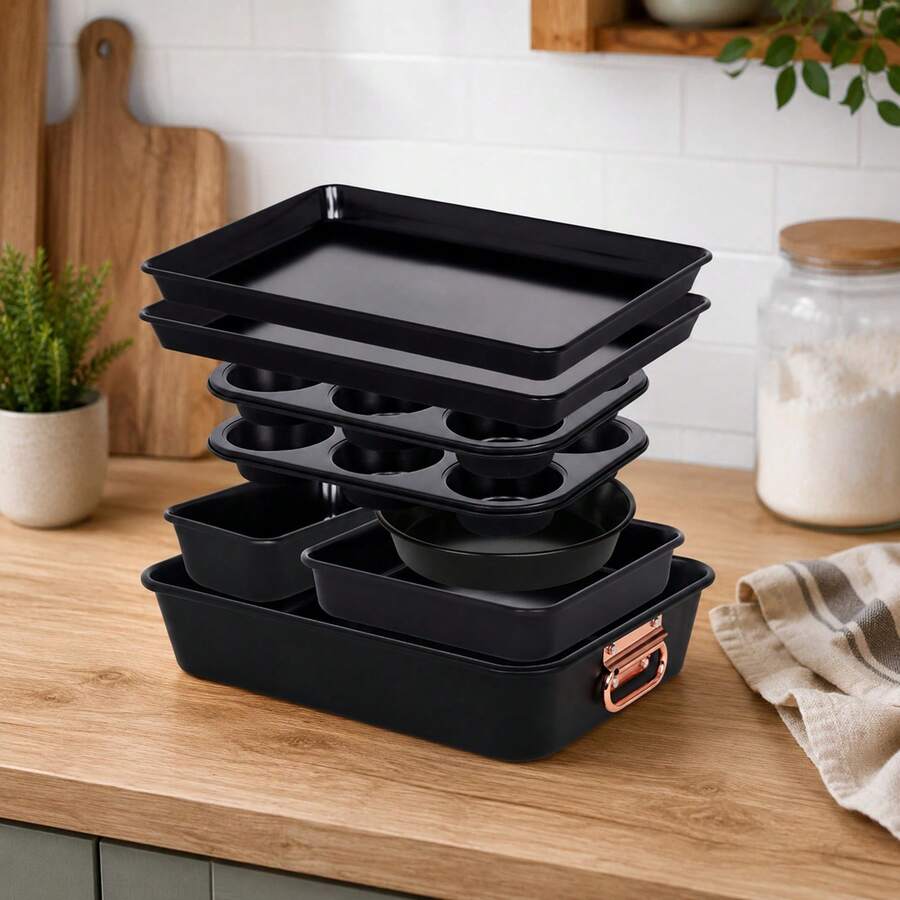 Gr8 Home 8pc Non Stick Bakeware Set Stackable Black Muffin Tray Loaf Pan Roaster Oven Set - View 1