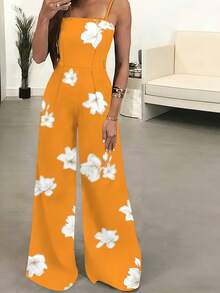 Mono elegante para mujer con estampado floral, mameluco camisola sin mangas de verano, pantalones de pierna ancha de moda para adultos - Naranja - Ver 2