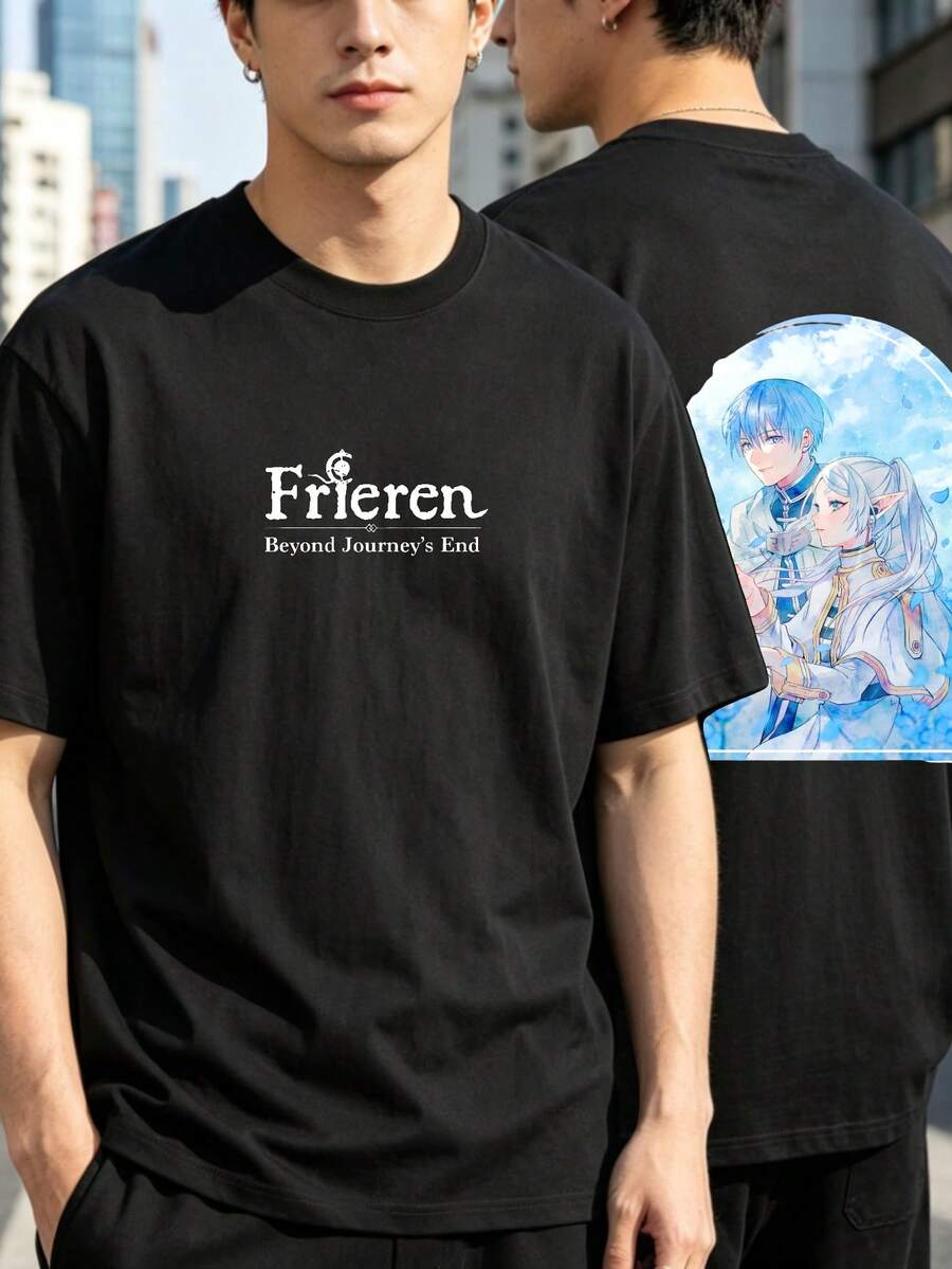Pure Cotton Mens Anime Shirt Frieren Beyond Journeys End Graphic Tee For Otaku Fans Cool Fashionable Design Unique Flair Geek Style Cotton Graphic Tees For Anime Lovers Casual Streetwear Groove Look - 黑色 - 查看 1
