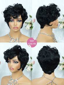 Layered Short Loose Curly Pixie Cut Human Hair Wig For Women Natural Black Colored Human Hair Wig With Bangs Remy Peruvian Human Hair Wig Elastic Net Full Machine Made Holiday Wear Party Wear Simple Vacation Daily Holiday - Natural Black - View 8