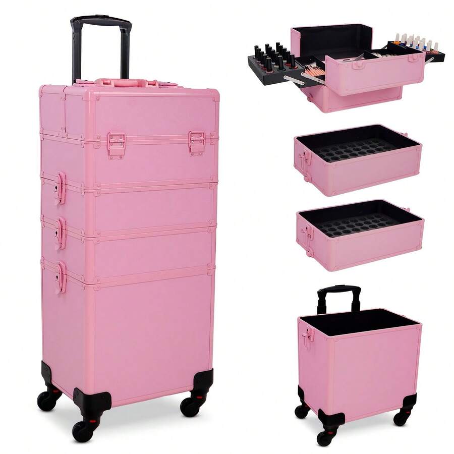 4-In-1 Makeup Case With Wheels - Professional Cosmetology Case With Wheels, Large Organizer For Cosmetics And Beauty Tools, Ideal For Makeup Artists, Hairstylists, Spas And Home Use - Easy Transport With Telescopic Handle And Silent Wheels - Rosa - 查看 1